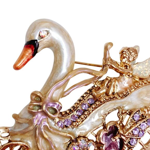 Vintage Signed Kirk's Folly Fairy Swan Sleigh Brooch Gold Tone Rhinestone Whimsy - Picture 2 of 10